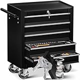 Masko® Carrello da officina - 5 Scomparti - Nero | Chiudibile a chiave | Metallo massiccio | Carrello mobile per attrezzi senza utensili | Carrello da officina professionale senza assortimento