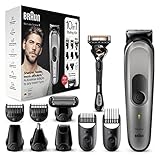 Braun Regolabarba TAGLIACAPELLI UOMO Rasoio Incluso, RIFINITORE BARBA, 10 in 1 Styling Kit, 8 Accessori, Ideale per Viso, Corpo, Orecchie e Naso, Idea Regalo, MGK7320 All-in-One Grigio Argento