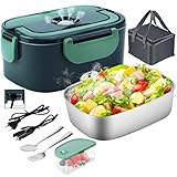Gentre Lunch Box Elettrico Portatile Scaldavivande per Auto Camion e Ufficio 4 in 1 12V/24V/220V~240V 1.5L 60W Porta Pranzo in Acciaio Inox, Scomparti, Forchetta Cucchiaio e Borsa Per il Trasporto