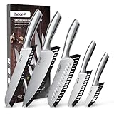 hecef Set Coltelli da Cucina Professionali, Tutti in Acciaio Inox Argento, Coltello da Chef, 5 Pezzi Coltello da Cucina e 5 Pezzi Foderi per Coltelli