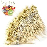 Toivize 300 Pezzi Stuzzicadenti Cocktail, Bastoncini da Cocktail in bambù Spiedini Decorativi con Perle d’Oro Perle et d'Argento per Cocktail, Stuzzichini e Decorazioni per Feste, 12.5cm