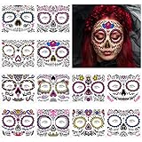 URAQT Adesivi Halloween Viso, 12 Fogli Tatuaggi Halloween Faccia Adesivi Viso Luminosi di Halloween, Giorno dei Morti Tatuaggi Faccia per Carnevale Party Trucco, con Cranio Floreale Web